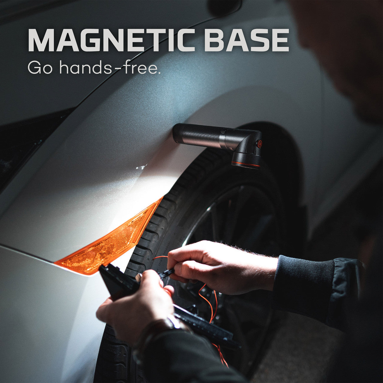 Magnetic base for hands-free operation of a tool or device.