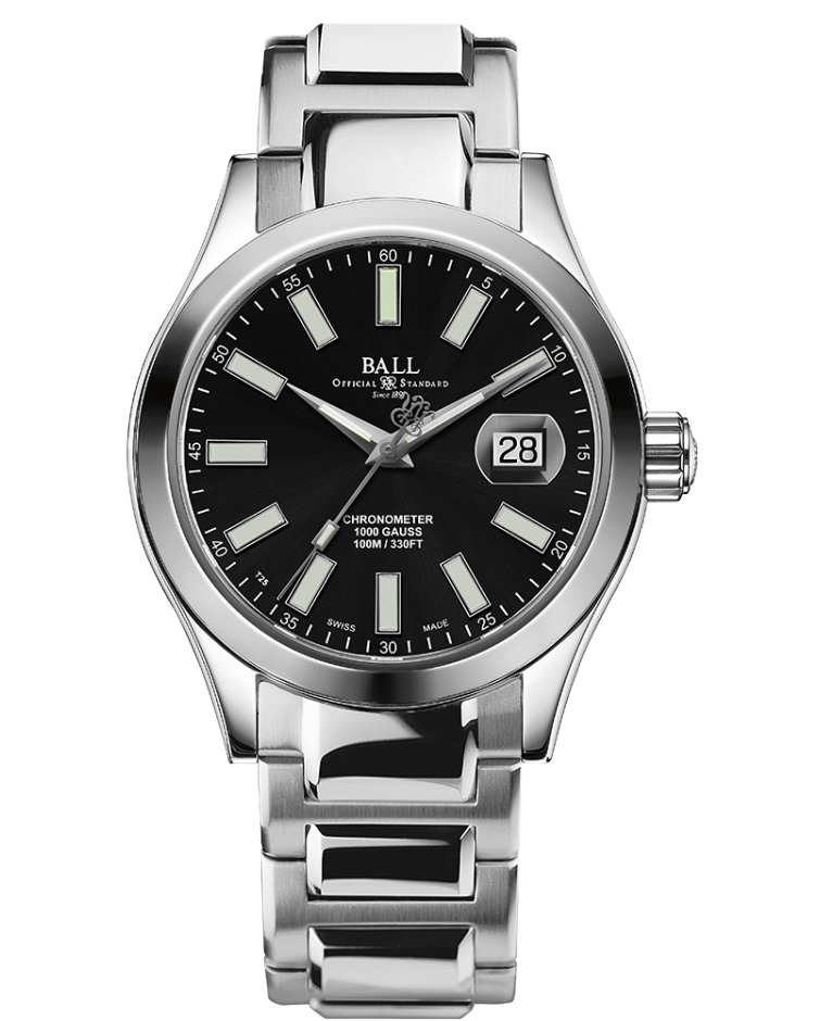 Stainless steel wristwatch with a black dial and date display.