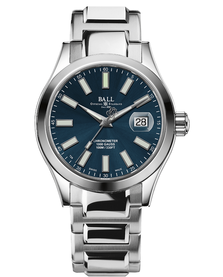 Stainless steel wristwatch with a blue dial and date window.