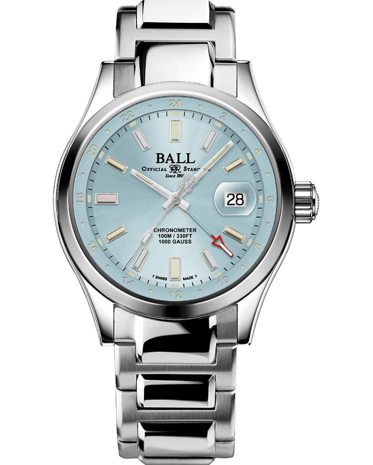 Stainless steel wristwatch with a light blue dial and date display.