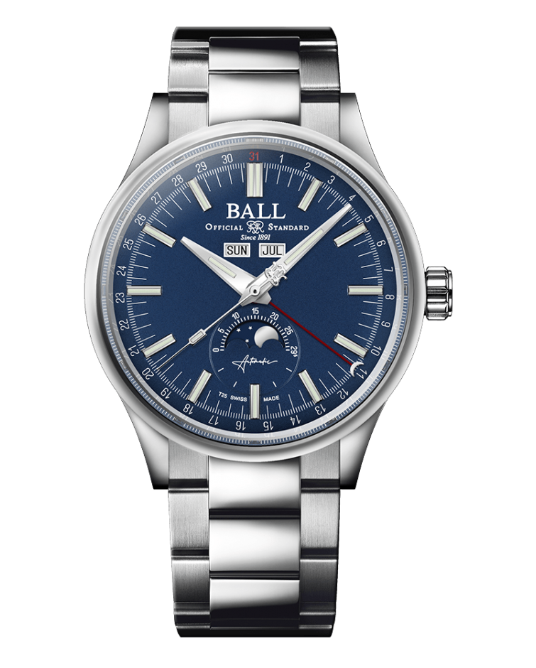 Stainless steel wristwatch with a blue dial and moon phase complication.