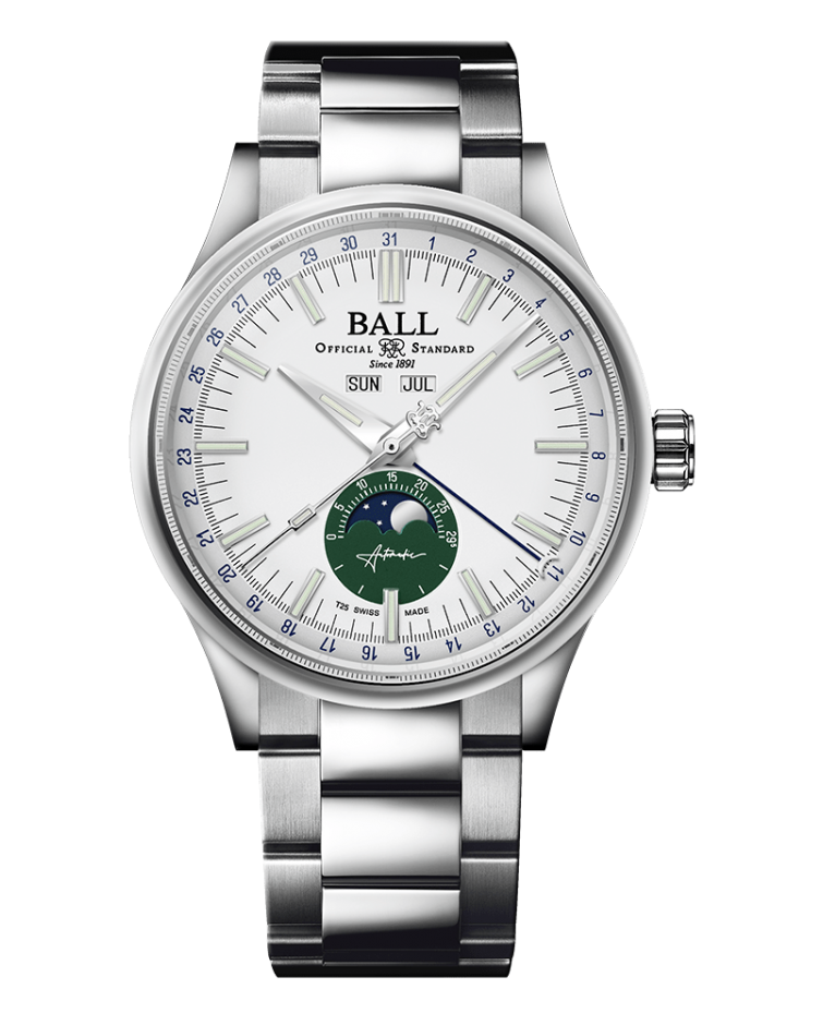 Stainless steel wristwatch with a white dial and moon phase complication.