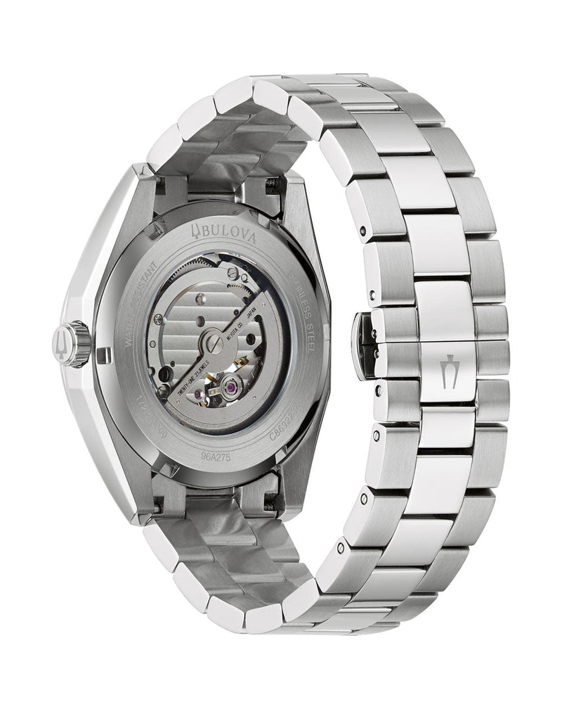 Stainless steel wristwatch with visible mechanical movement through transparent case back.