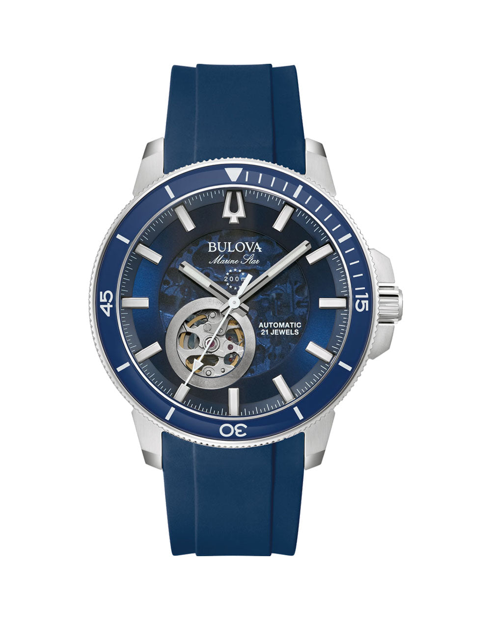 Stylish blue and silver Bulova wristwatch with an exposed mechanical movement.