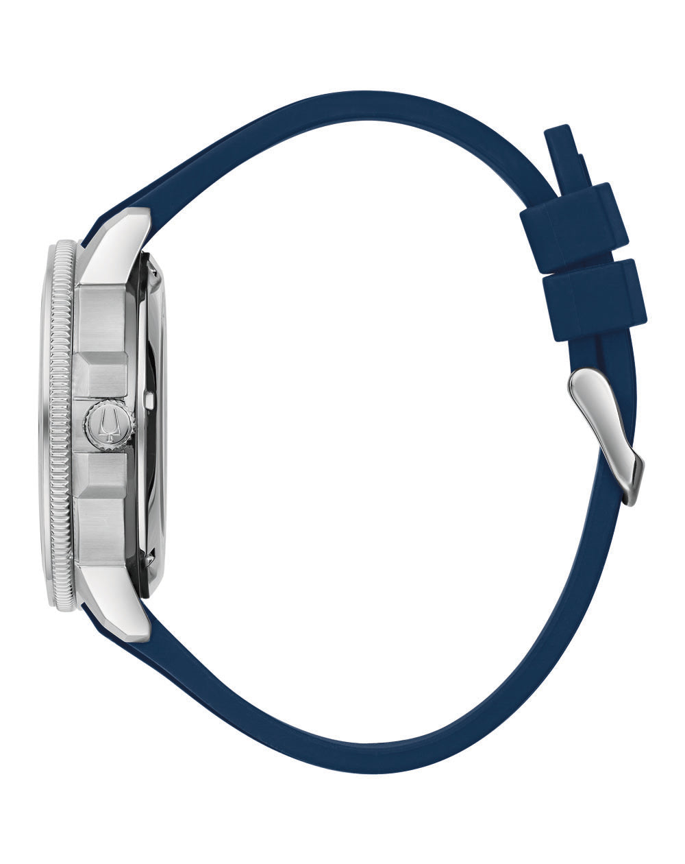 Wristwatch with a silver case and navy blue strap.