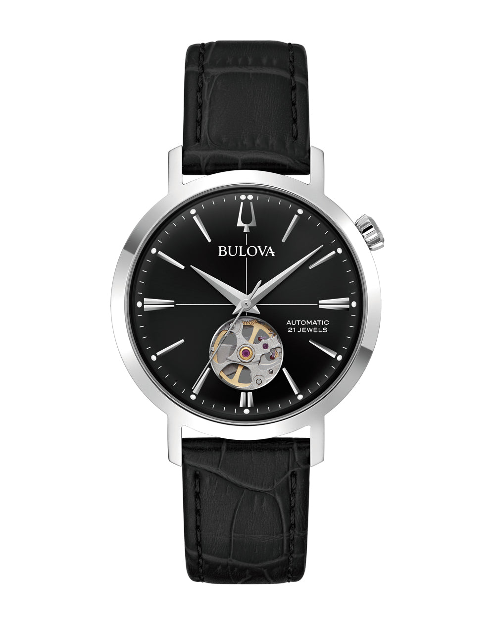 Bulova Timeless Elegance Automatic Black Dial with Leather Strap Watch 96A317