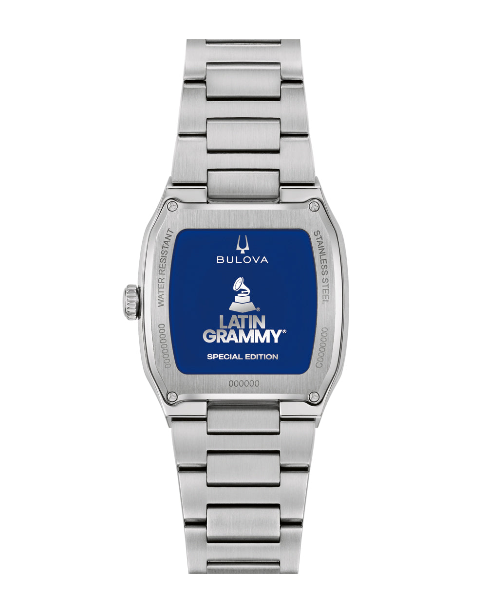 Caseback of the Bulova Millennia Latin GRAMMY 96A336 in stainless steel.
