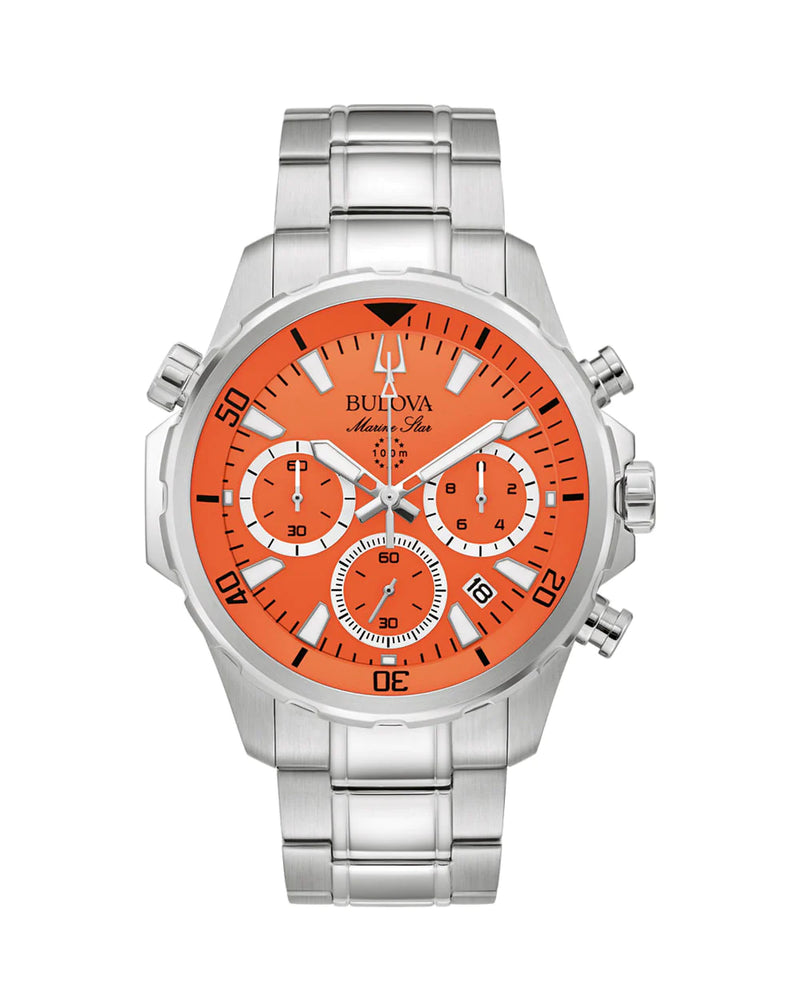 Stainless steel wristwatch with an orange dial and chronograph subdials.