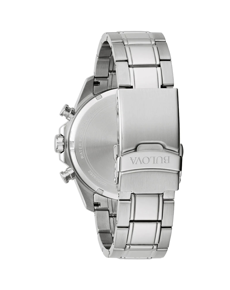 Silver metal wristwatch with a chronograph-style face and link bracelet.