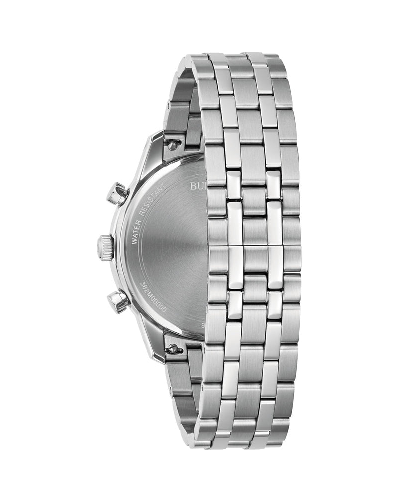 Silver metal watch band with interlocking links.