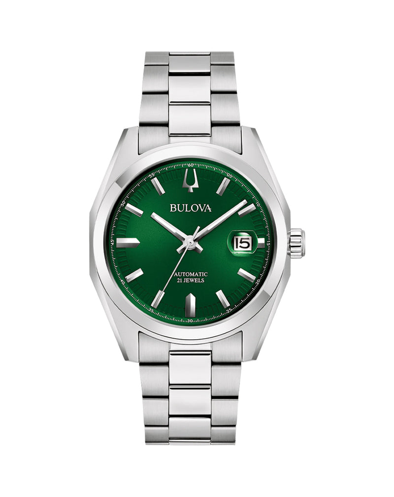 Bulova Surveyor Automatic Green Dial Mens Watch Sleek Stainless Steel Design 96B429