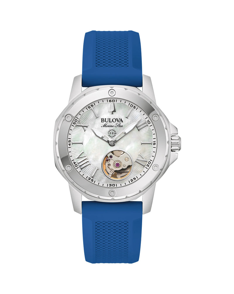 Bulova Marine Star Women's Automatic Watch with Elegant Mother of Pearl Dial and Comfortable Silicone Strap 96L324