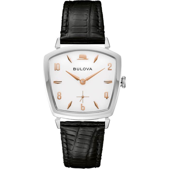 Bulova Frank Sinatra 96A337 white dial with rose gold-tone markers and small seconds sub-dial.