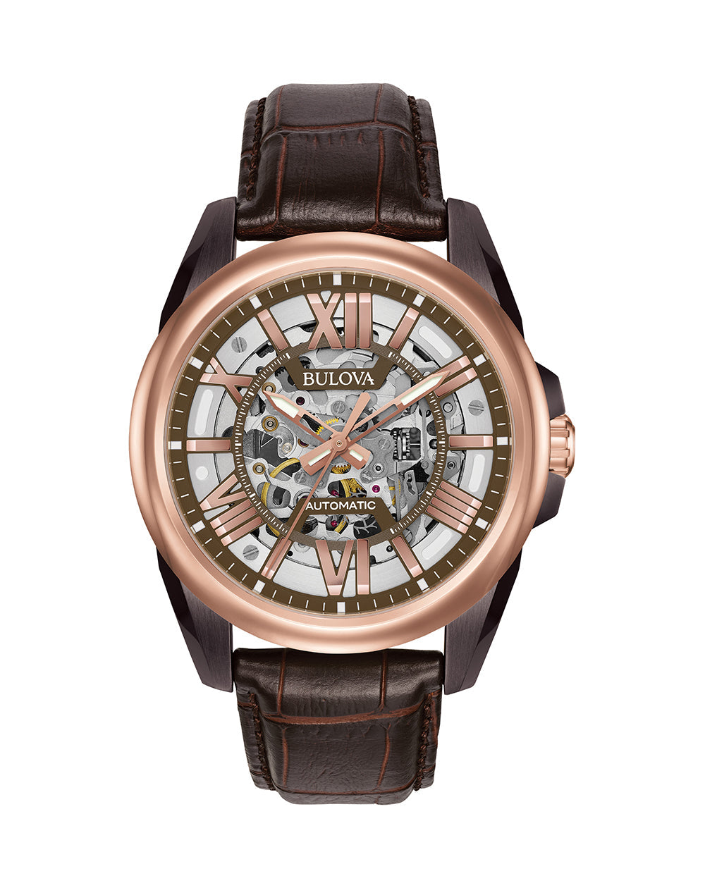 Luxury wristwatch with a skeleton dial, rose gold accents, and brown leather strap.