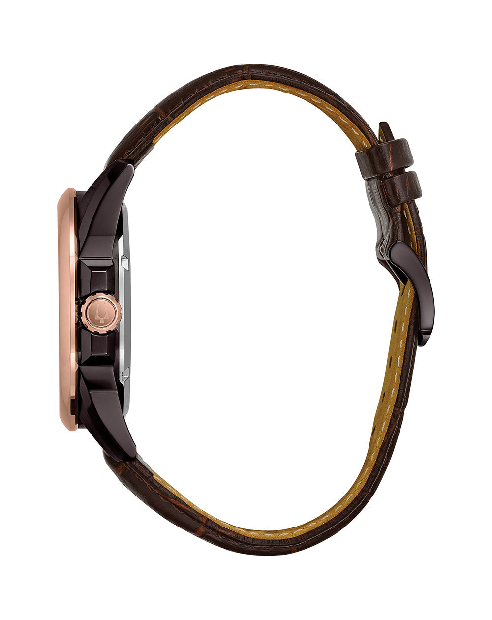 Wristwatch with a brown leather strap and rose gold-toned case.