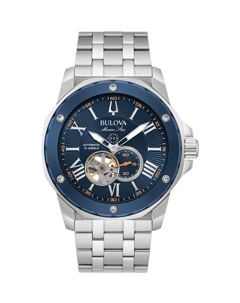 Stainless steel wristwatch with a blue dial and visible mechanical components.