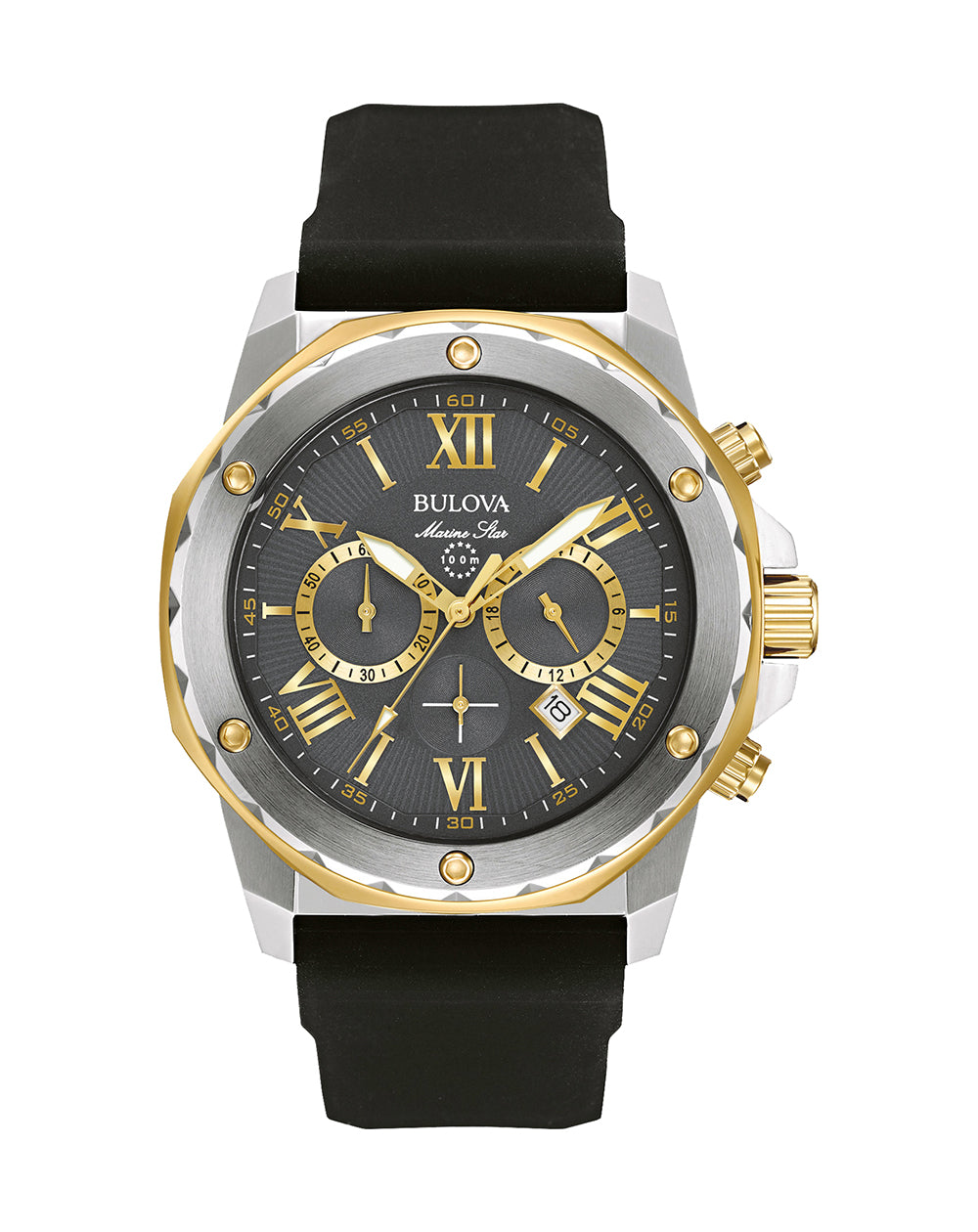 Luxury wristwatch with a black dial, gold accents, and a black leather strap.