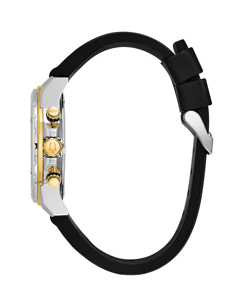 Wristwatch with a black strap and gold-toned accents on the face.
