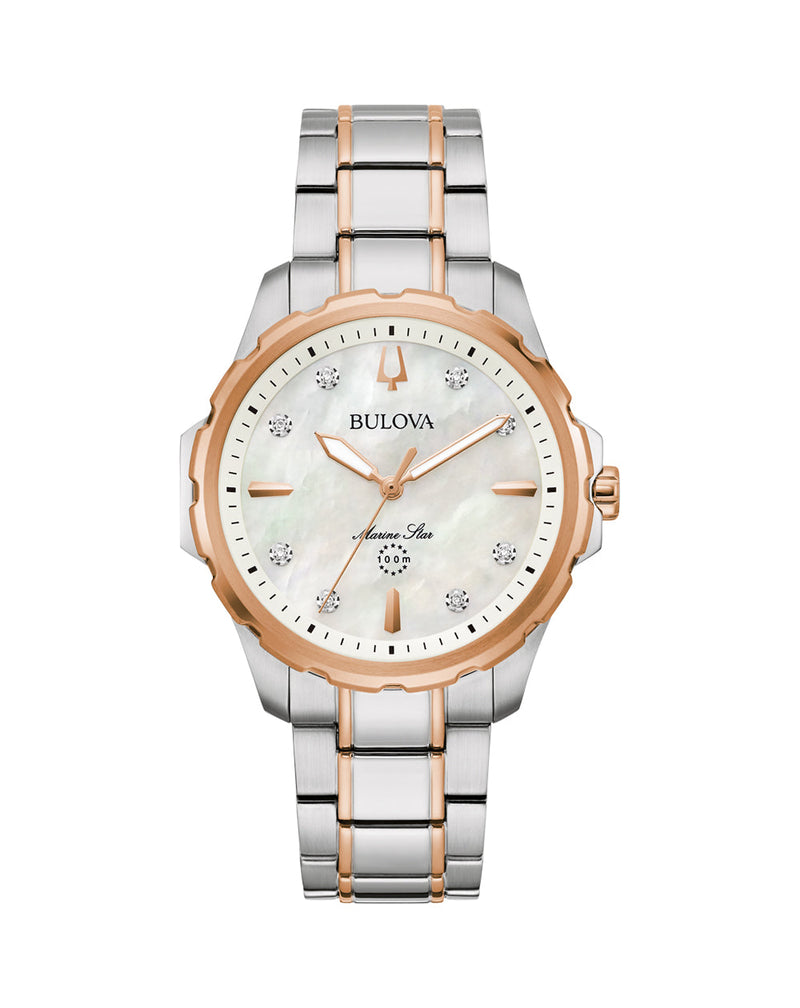 Bulova Marine Star Ladies Diamond Accented Stainless Steel Watch with Mother of Pearl Dial Model 98P228