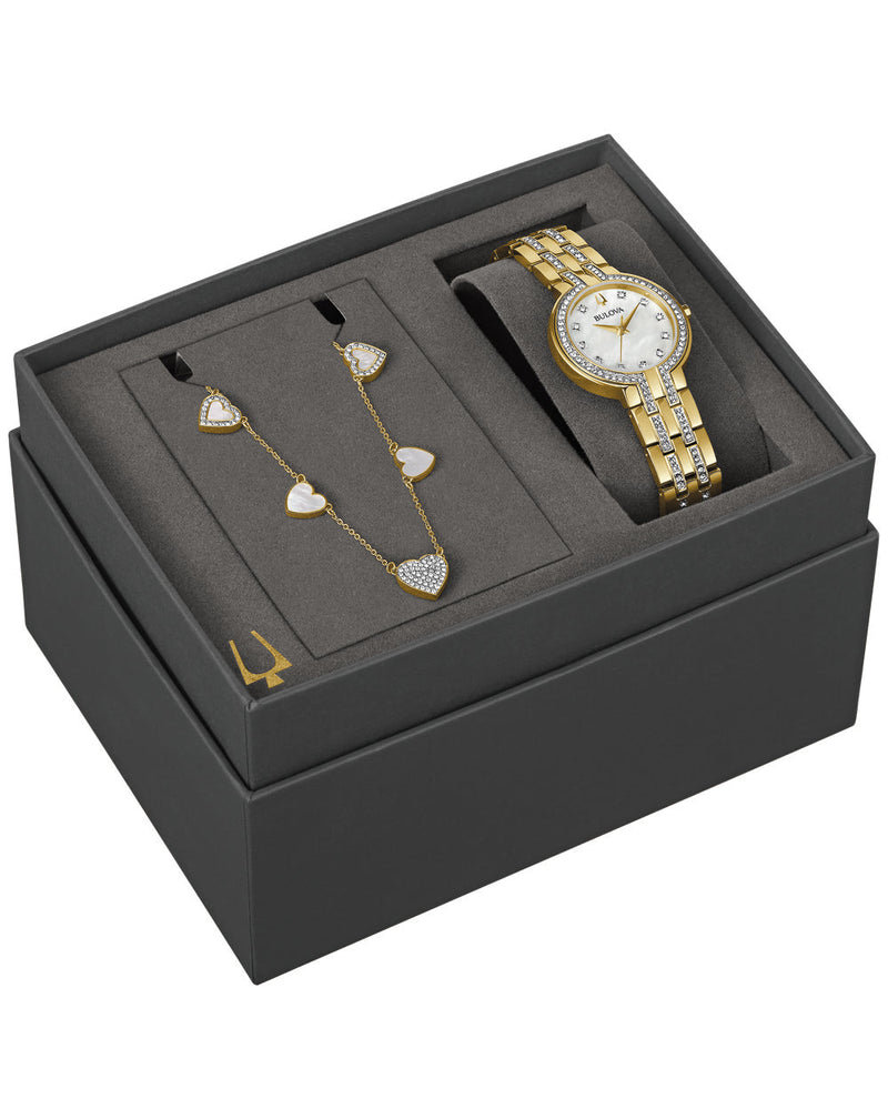 Bulova Ladies Elegant Stainless Steel Watch with Crystal Accents and Mother of Pearl Dial Box Set 98X138