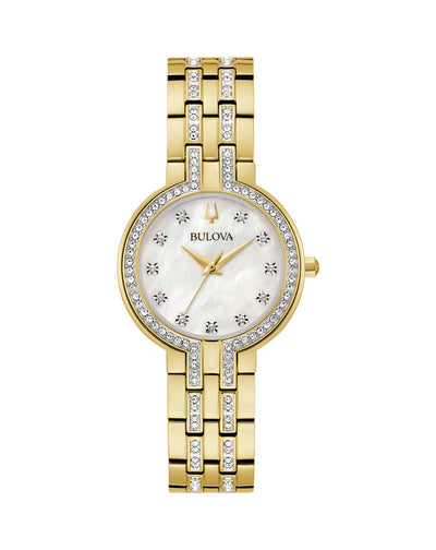 Bulova Ladies Elegant Stainless Steel Watch with Crystal Accents and Mother of Pearl Dial Box Set 98X138