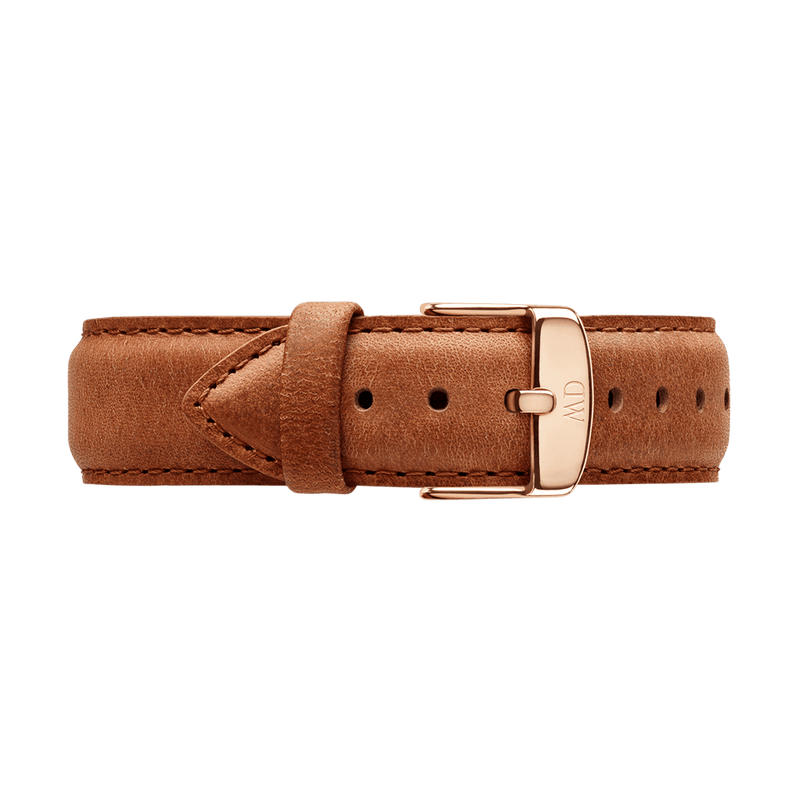 Brown leather watch strap with a rose gold buckle.