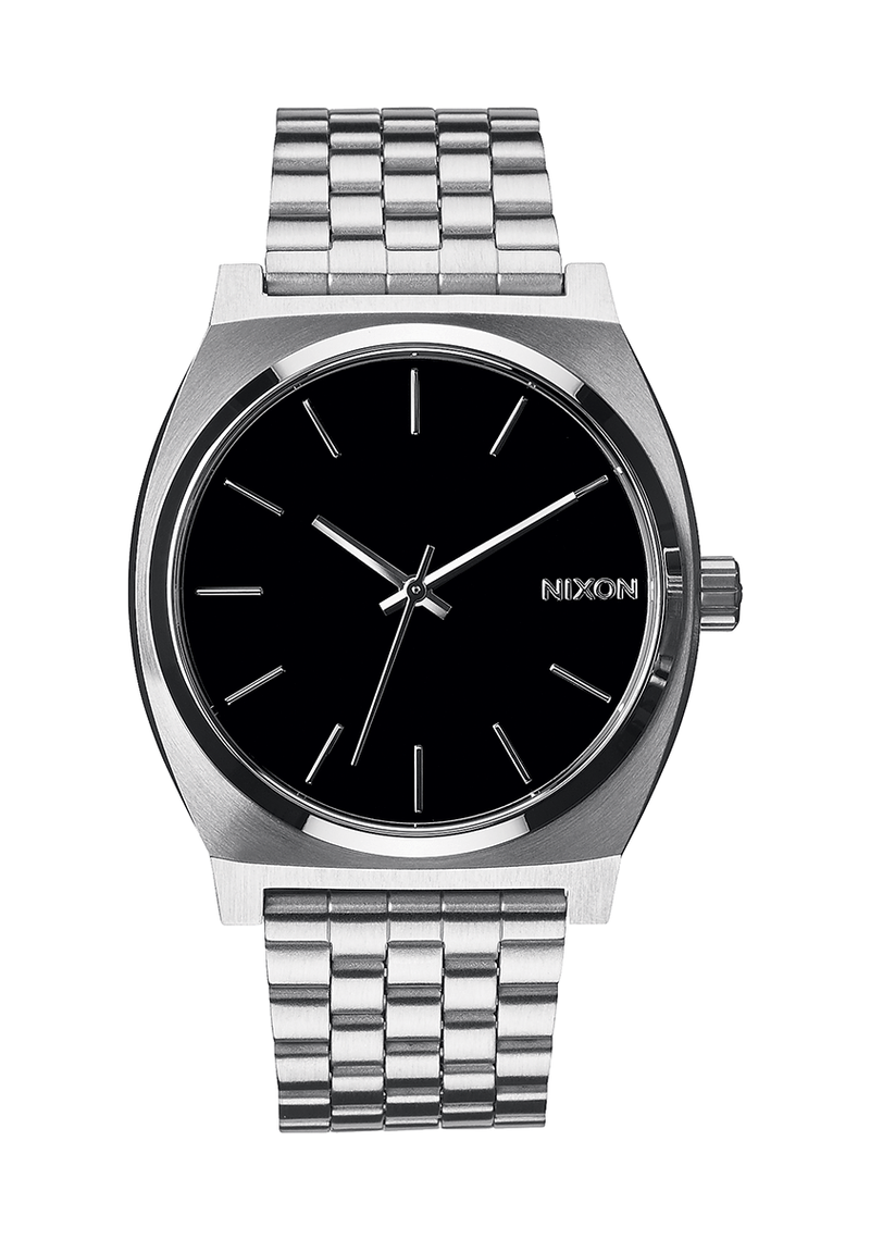 Silver wristwatch with a black dial and metal link bracelet.
