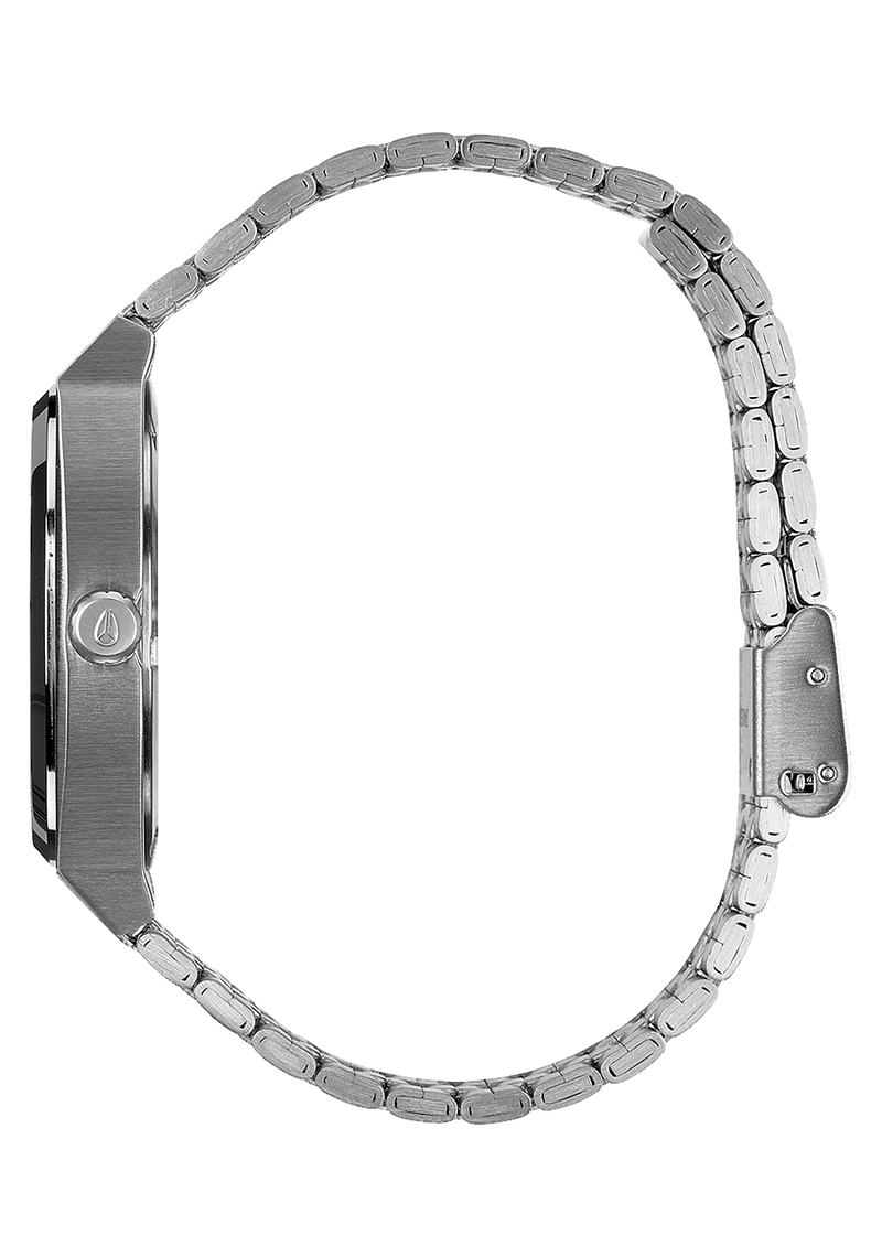 Silver wristwatch with a metallic link band.