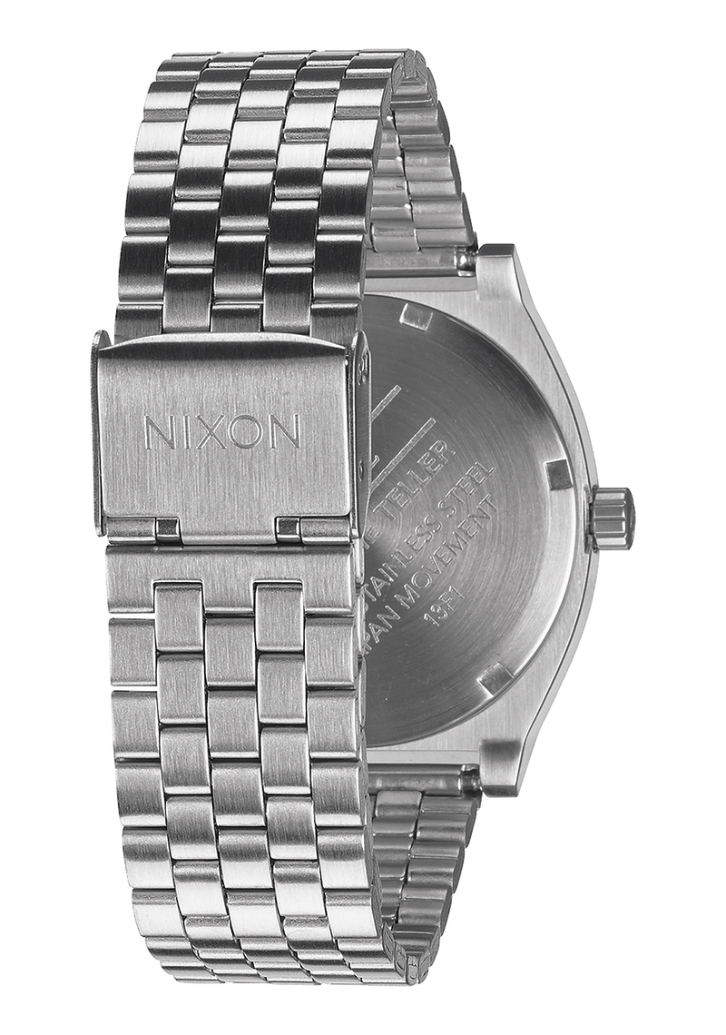 Stainless steel wristwatch with a metal link bracelet and Nixon branding.