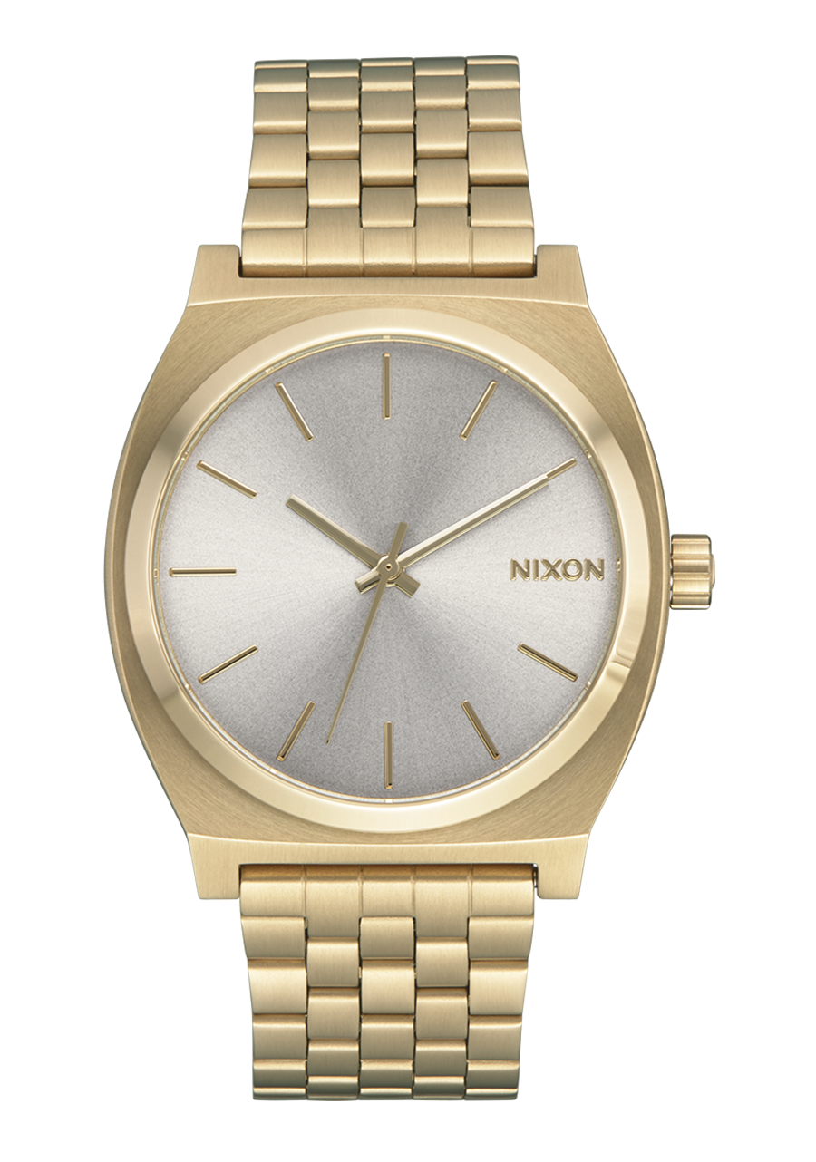 Gold-toned wristwatch with a metal band and minimalist dial face.