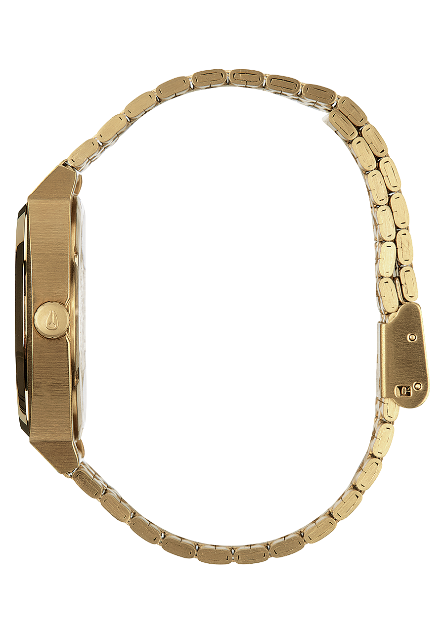 Gold-toned wristwatch with a metal link band.