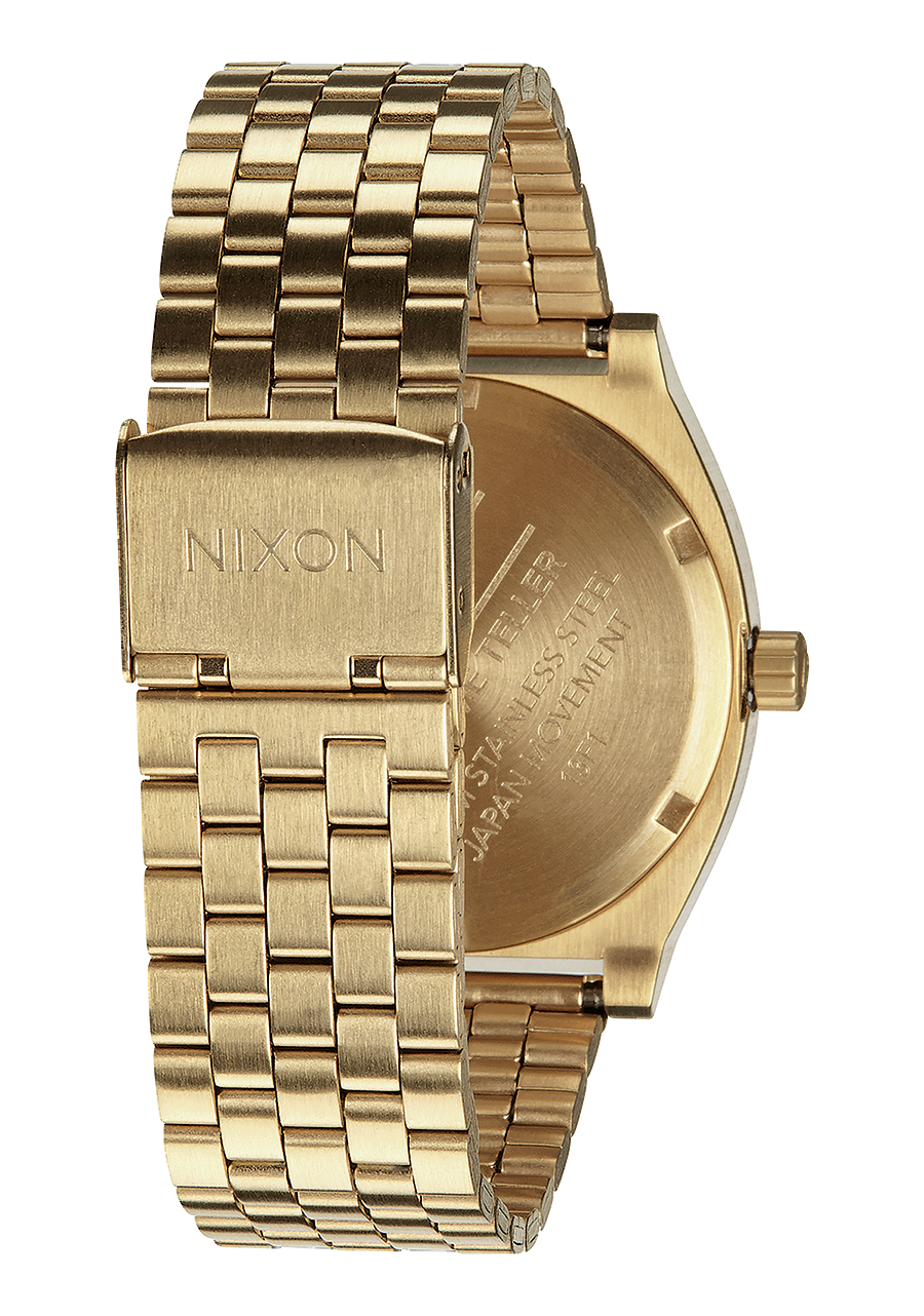 Gold-toned wristwatch with a metal link bracelet and Nixon branding.