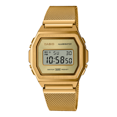 Gold-colored digital Casio watch with a mesh metal band and rectangular face displaying the time.