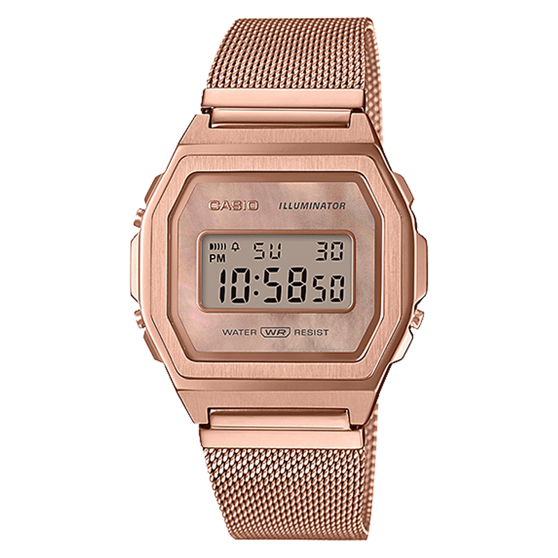 Casio Vintage Rose Gold Stainless Steel Mesh Band Watch A1000MPG 9E Watch Direct