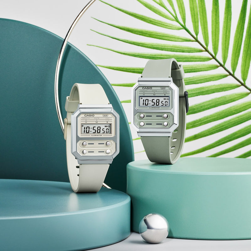 Digital wristwatches with square faces and light-colored bands.