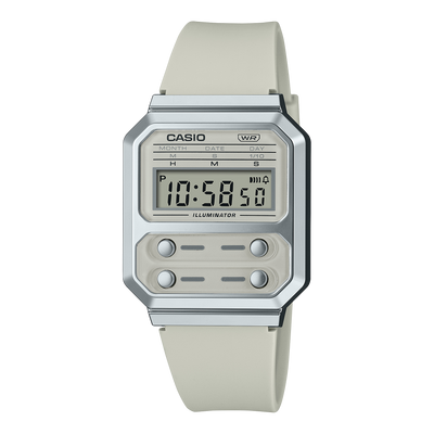 Retro-style Casio digital wristwatch with a square face and light-colored band.