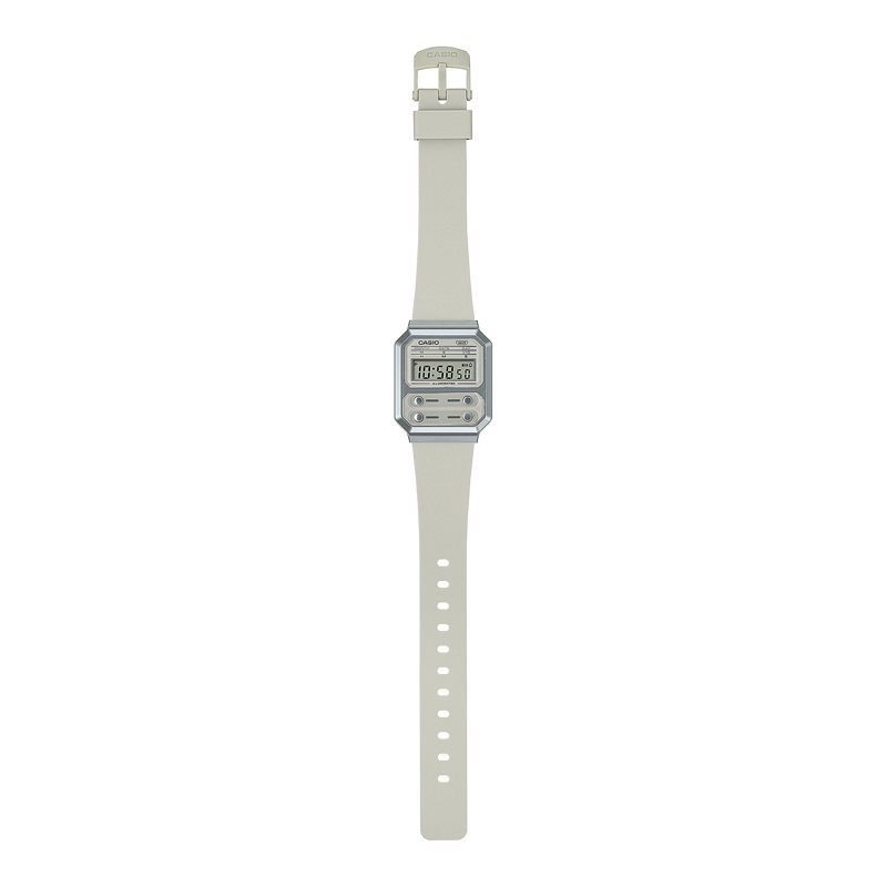 Digital wristwatch with a square face and white band.