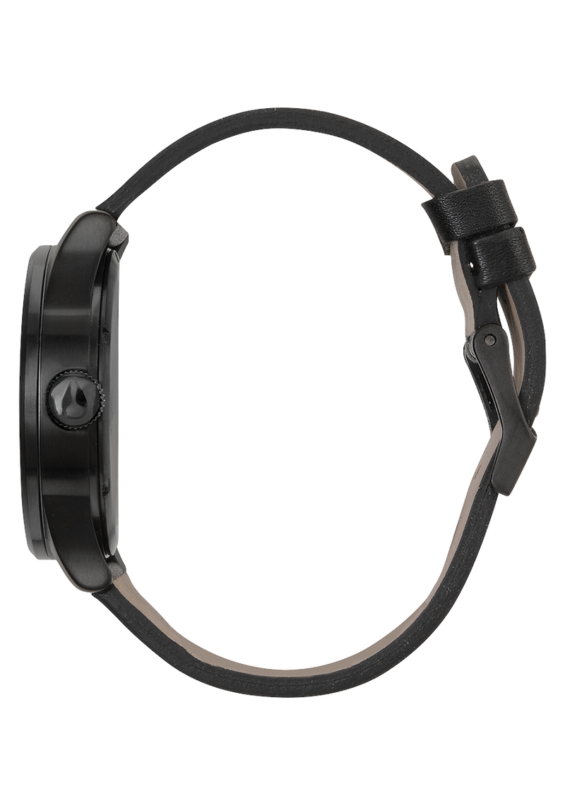 Black wristwatch with a round face and adjustable strap.