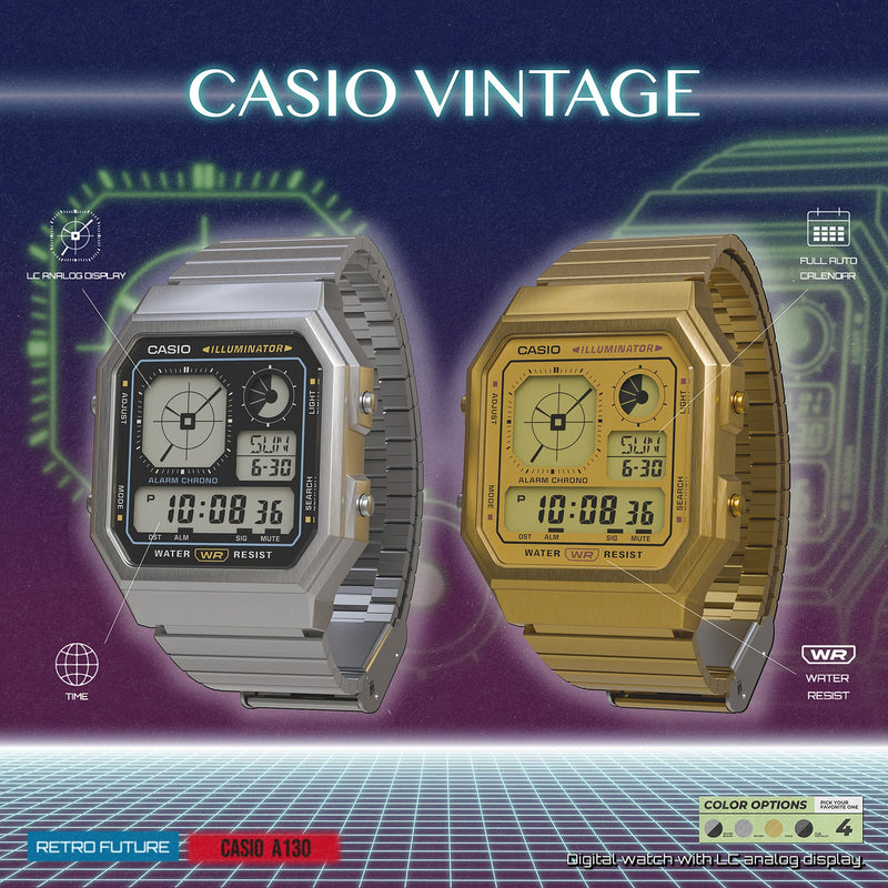 Casio Vintage Analog Display Gold Stainless Steel Watch A130WEG-9A