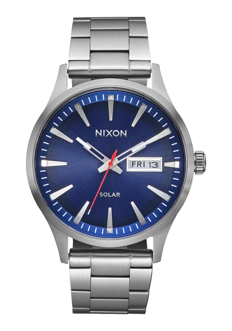 Stainless steel wristwatch with a blue dial and day-date display.