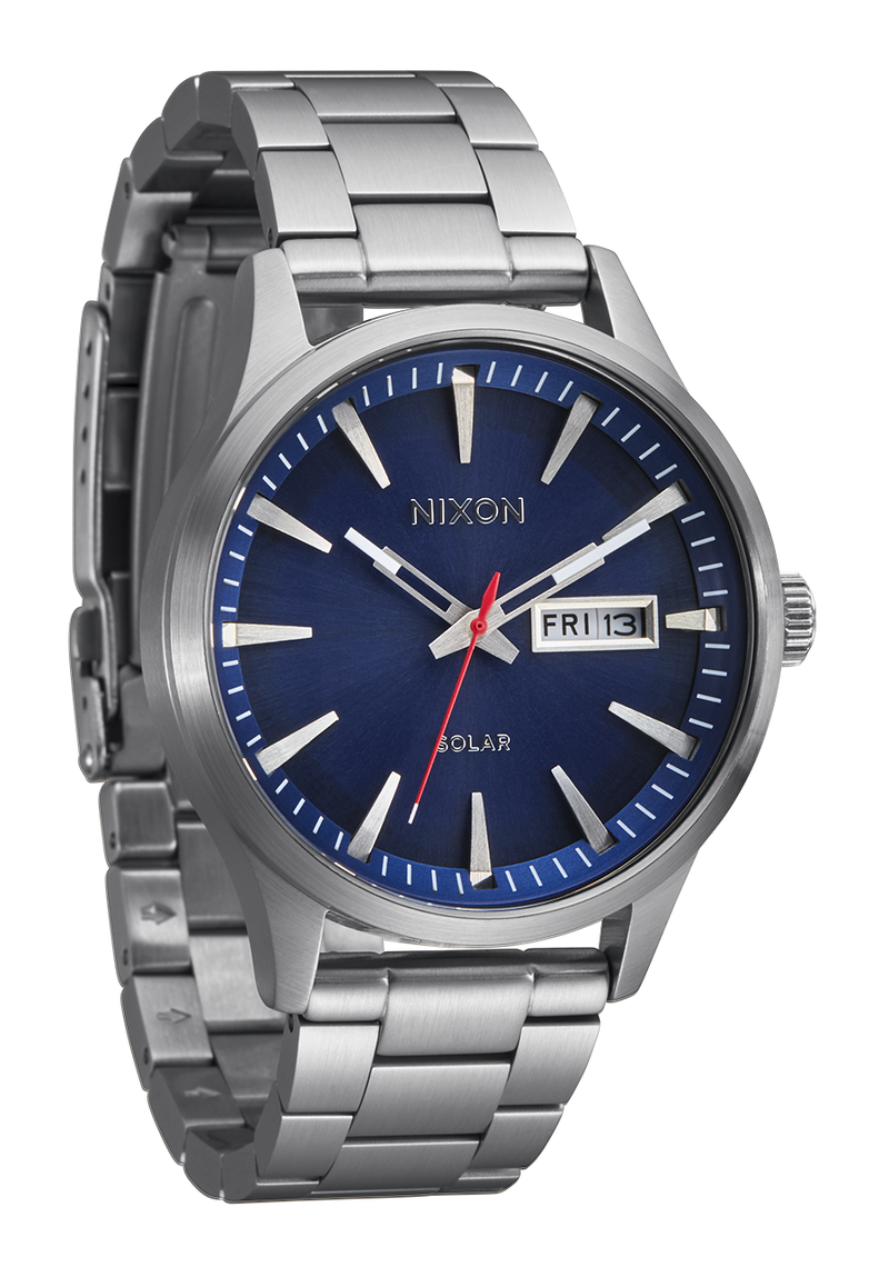 Stainless steel wristwatch with a blue dial and day-date display.