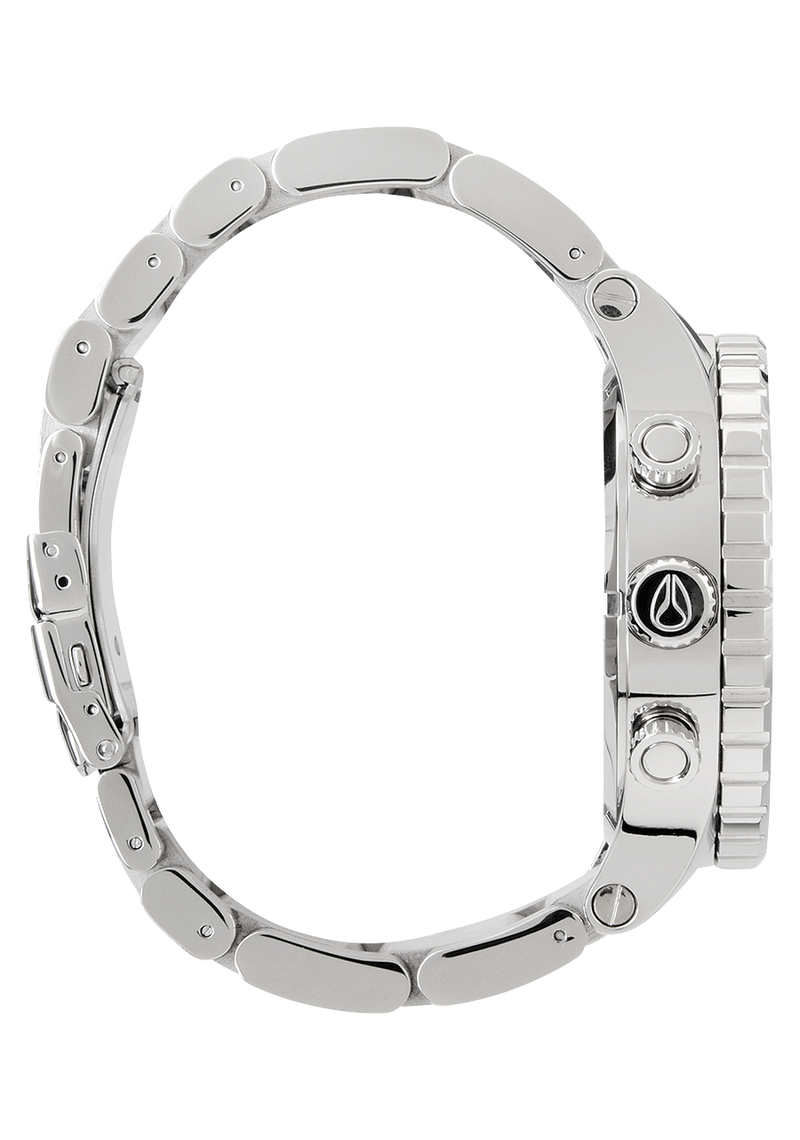 Silver wristwatch with a circular face and metal link bracelet.