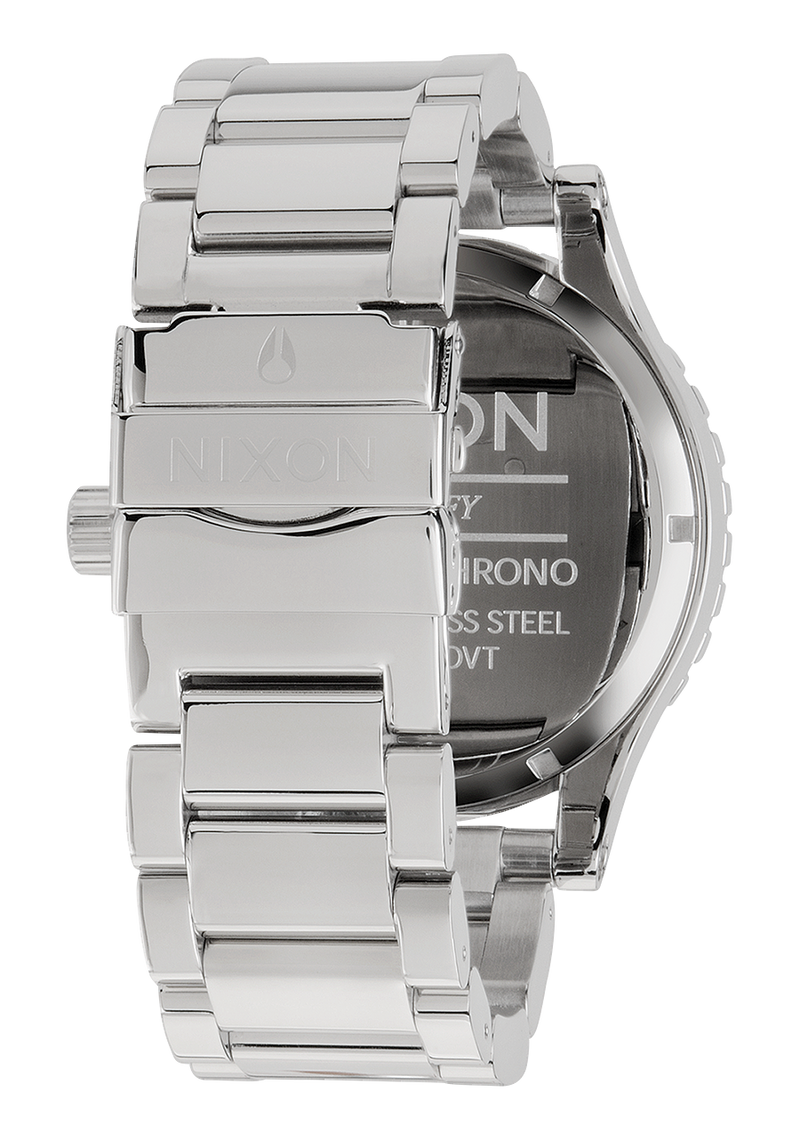 Stainless steel wristwatch with a metal link bracelet.