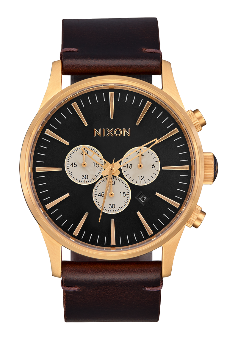 Gold-toned chronograph wristwatch with a black dial and brown leather strap.