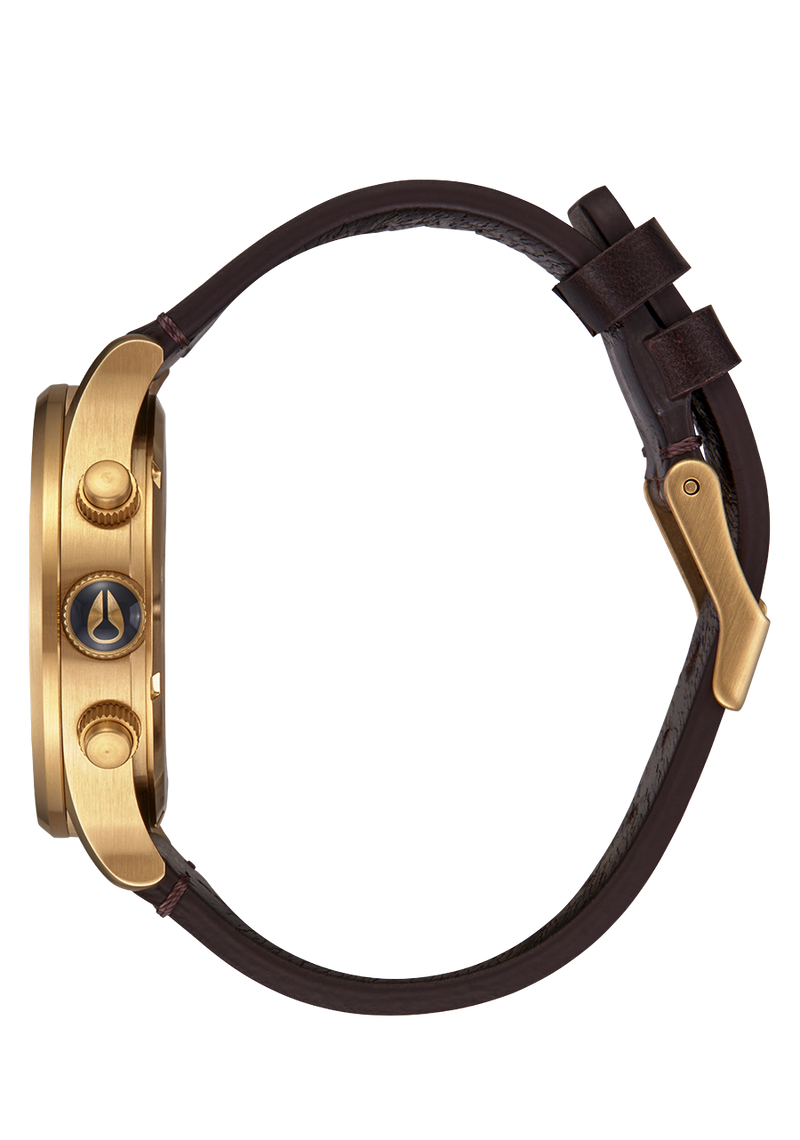 Gold-toned wristwatch with a brown leather strap.