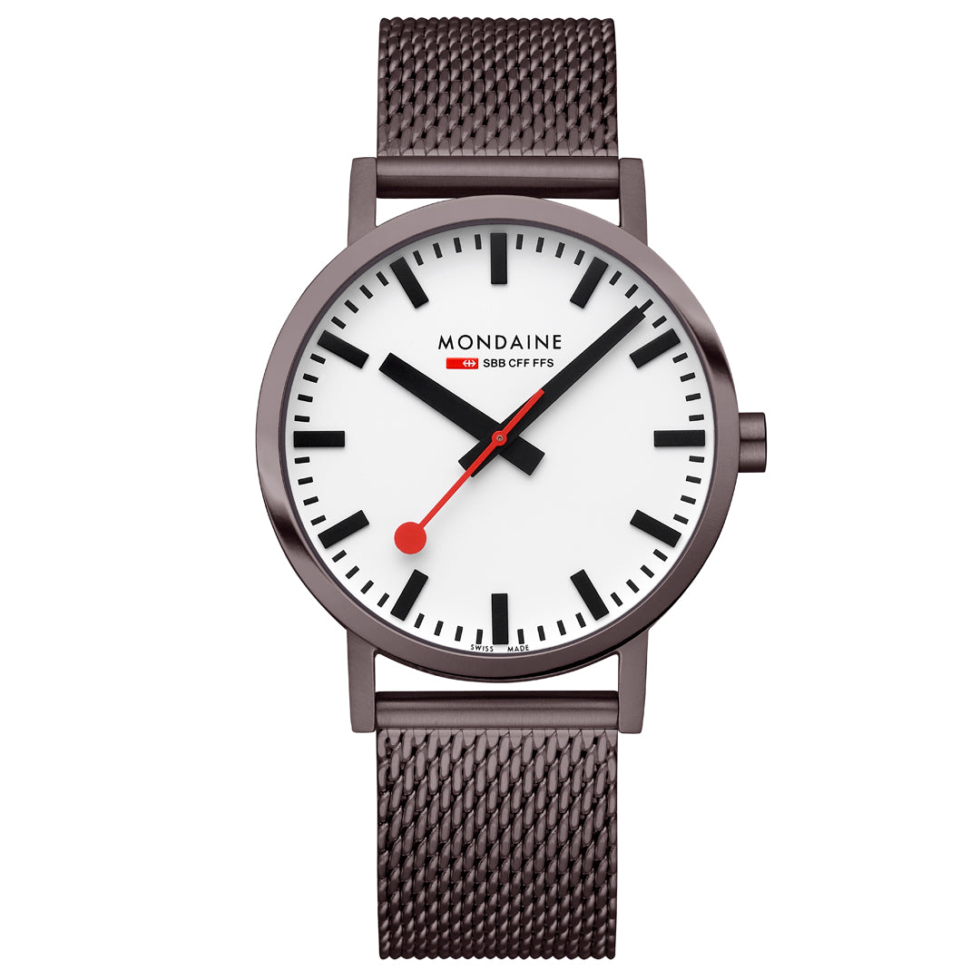Mondaine Classic 40mm White Dial Brown Mesh Swiss Watch for Men
