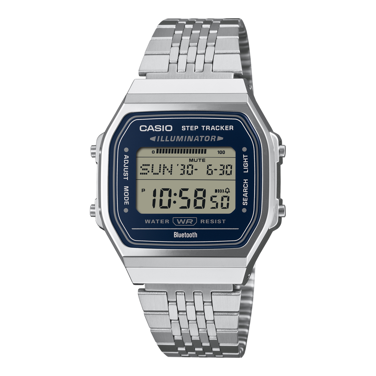 Casio Vintage Steps ABL100WE-2A blue digital watch on a stainless steel bracelet, shown straight on.