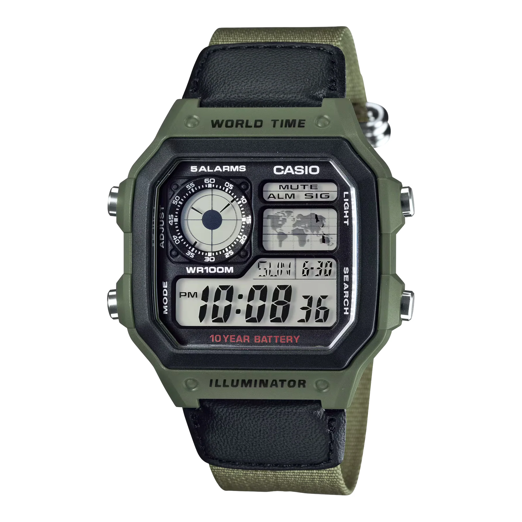 Casio World Time Standard Green Nylon Strap Watch AE1200WHB-3B