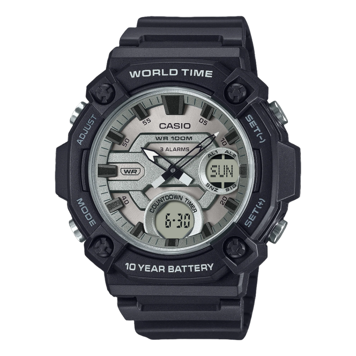 Casio Digital Analog Silver Dial Black Resin Band Watch AEQ120W-7A