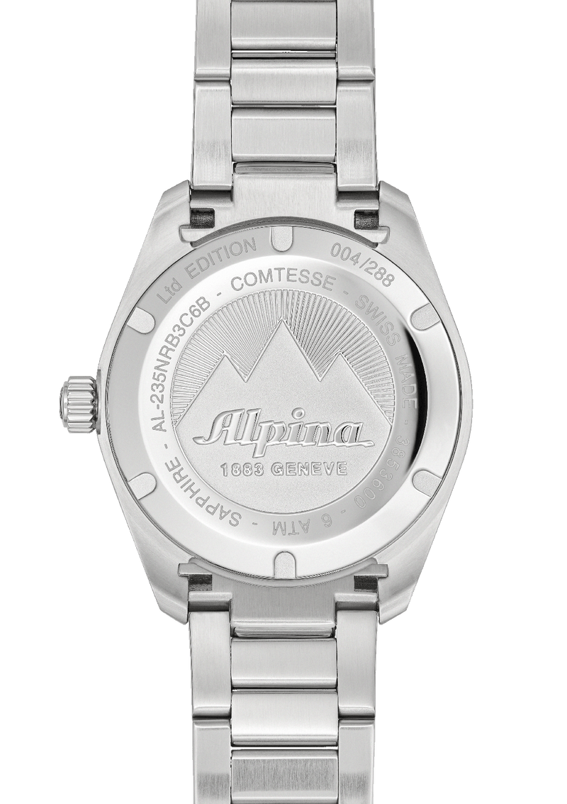 Silver wristwatch with a metal bracelet and engraved caseback featuring a mountain logo.